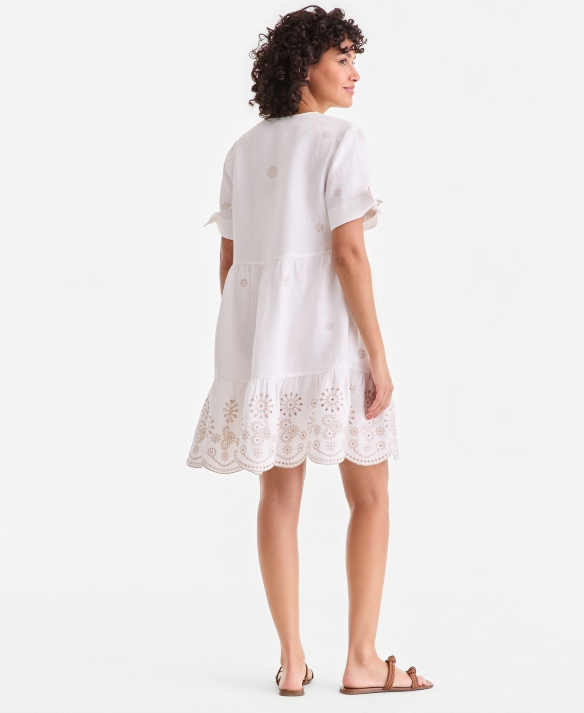 Charter Club Women's 100% Linen Eyelet-Trim Tiered Mini Dress, Macy's Exclusive