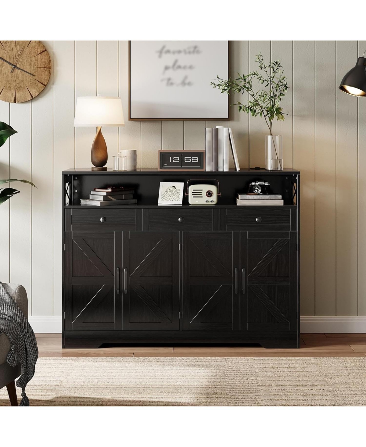 Gaomon Farmhouse Black Sideboard Buffet Cabinet with Storage Shelf and Built-in Charging Station, 51-inch Large Coffee Bar Hutch