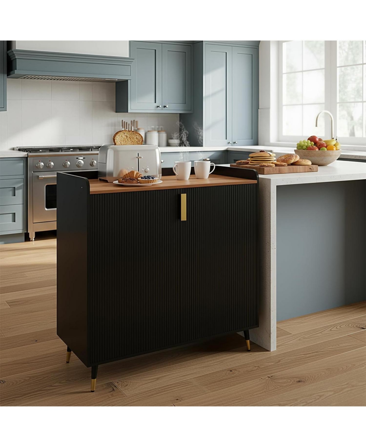 gaomon Modern Small Sideboard Buffet Cabinet with Fluted Doors, Wine Bar & Coffee Liquor Rack and Glass Holders