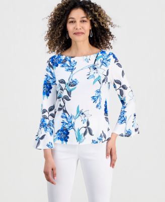 Petite Floral Flare-Sleeve Boat-Neck Top