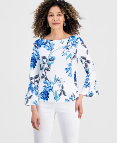 Petite Floral Flare-Sleeve Boat-Neck Top - Magnolia Bliss Combo