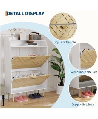 Wood Color Shoe Cabinet, Slim 2-Drawer Shoe Storage Organizer, Adjustable Hidden Entryway Rack, Freestanding Space Shoe Shelf