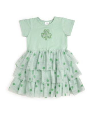 Little Girls Flocked Shamrock St. Patrick's Day Tiered Short Sleeve Tutu Dress