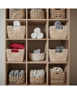Set of 4 Whitewash Water Hyacinth Baskets with Handles, 12x9x6 Storage Bins for Shelves, Blankets & Laundry
