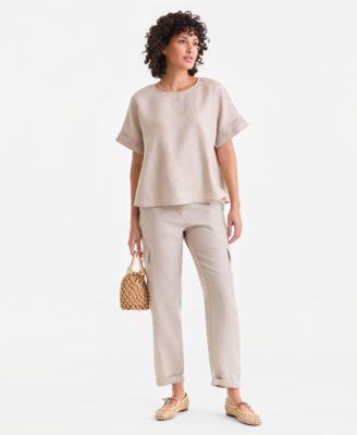 Women's 100% Linen Eyelet-Trim Short-Sleeve Top