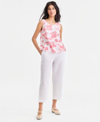 Women's 100% Linen Solid Cropped Pull-On Pants
