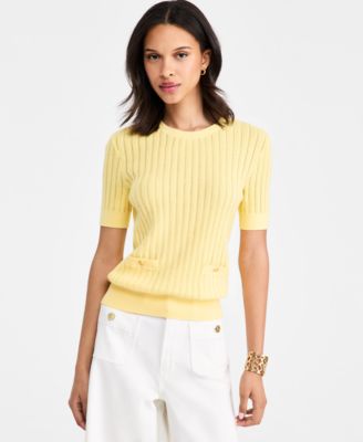 Women's Pointelle Ribbed Short-Sleeve Sweater