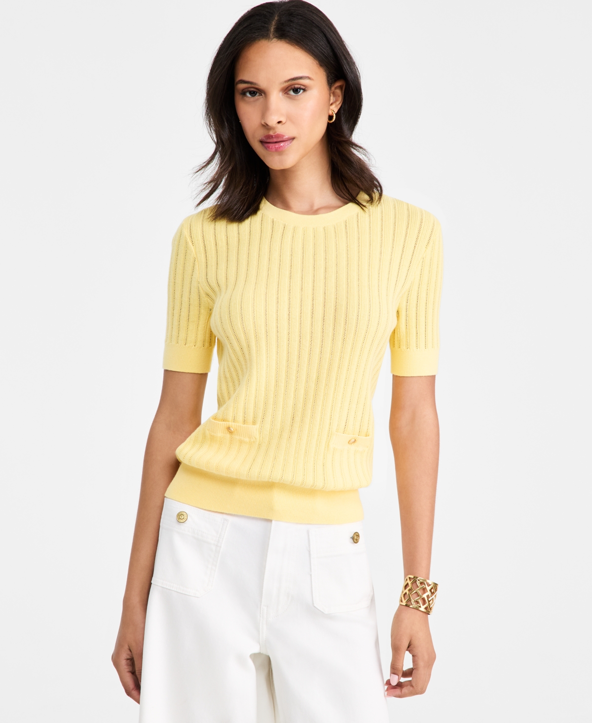 Tommy Hilfiger Women's Pointelle Ribbed Short-Sleeve Sweater
