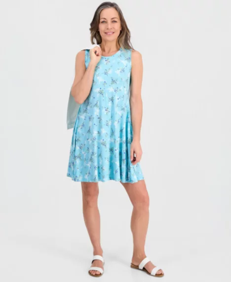 Petite Printed Knit Sleeveless Flip Flop Dress - Ditsy Amazonite