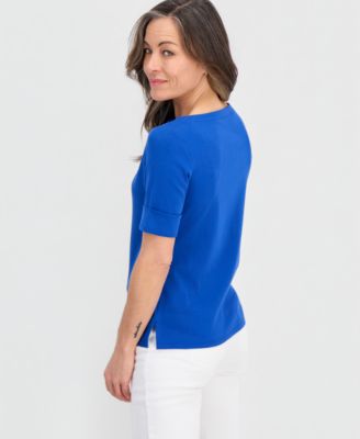 Petite Cotton Elbow-Sleeve Boat-Neck Top