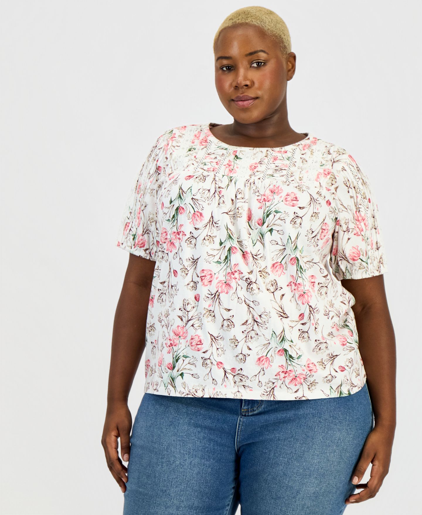Женский топ Style & Co Printed Lace-Trimmed Knit Top, цвет: Белый комбинированный — фото 2