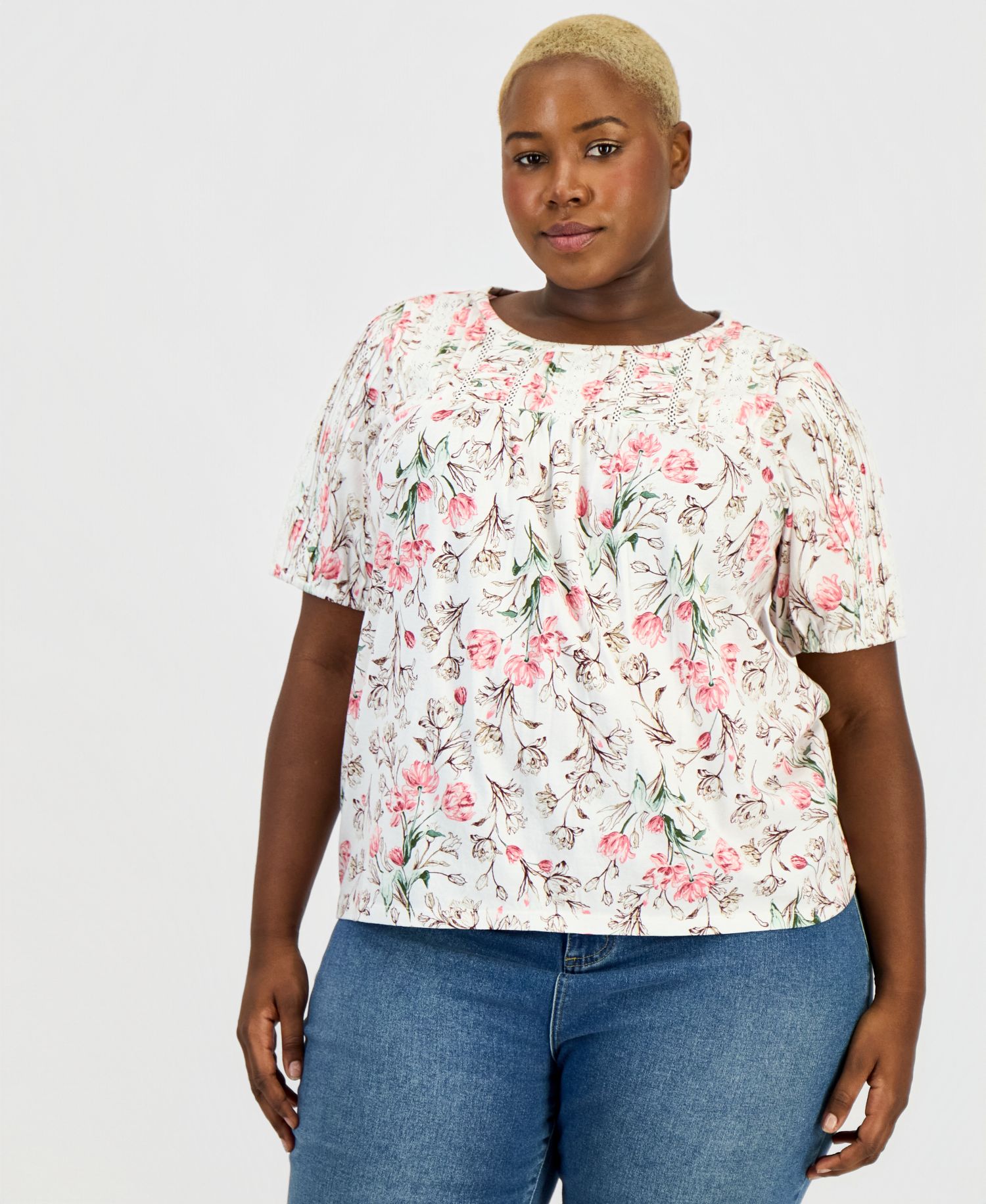 Petite Printed Lace Trim Cotton Short-Sleeve Blouse