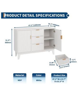 Fluted Sideboard Buffet Cabinet, 47.2in Large Accent Coffee Bar Cupboard Storage Cabinet with 3 Drawers 2 Doors for Kitchen Living Room