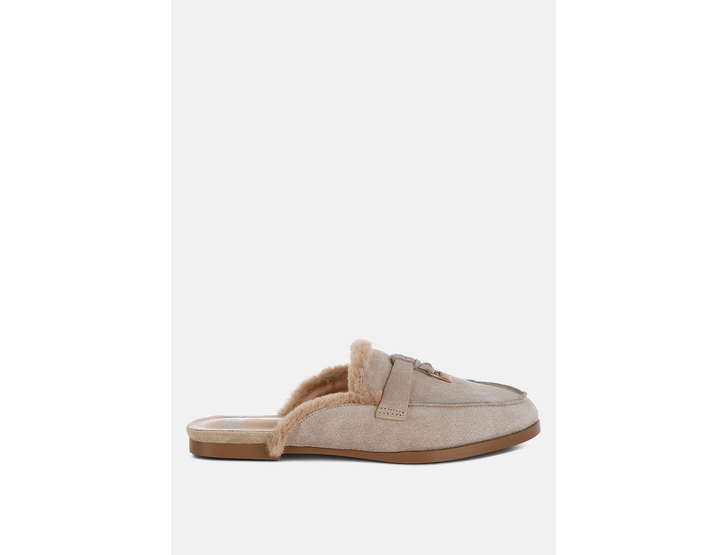 Женские сабо Rag & Co Bosnia Suede and Faux Fur Slip On Mules, цвет: Бежевый замшевый кожаный — фото 7