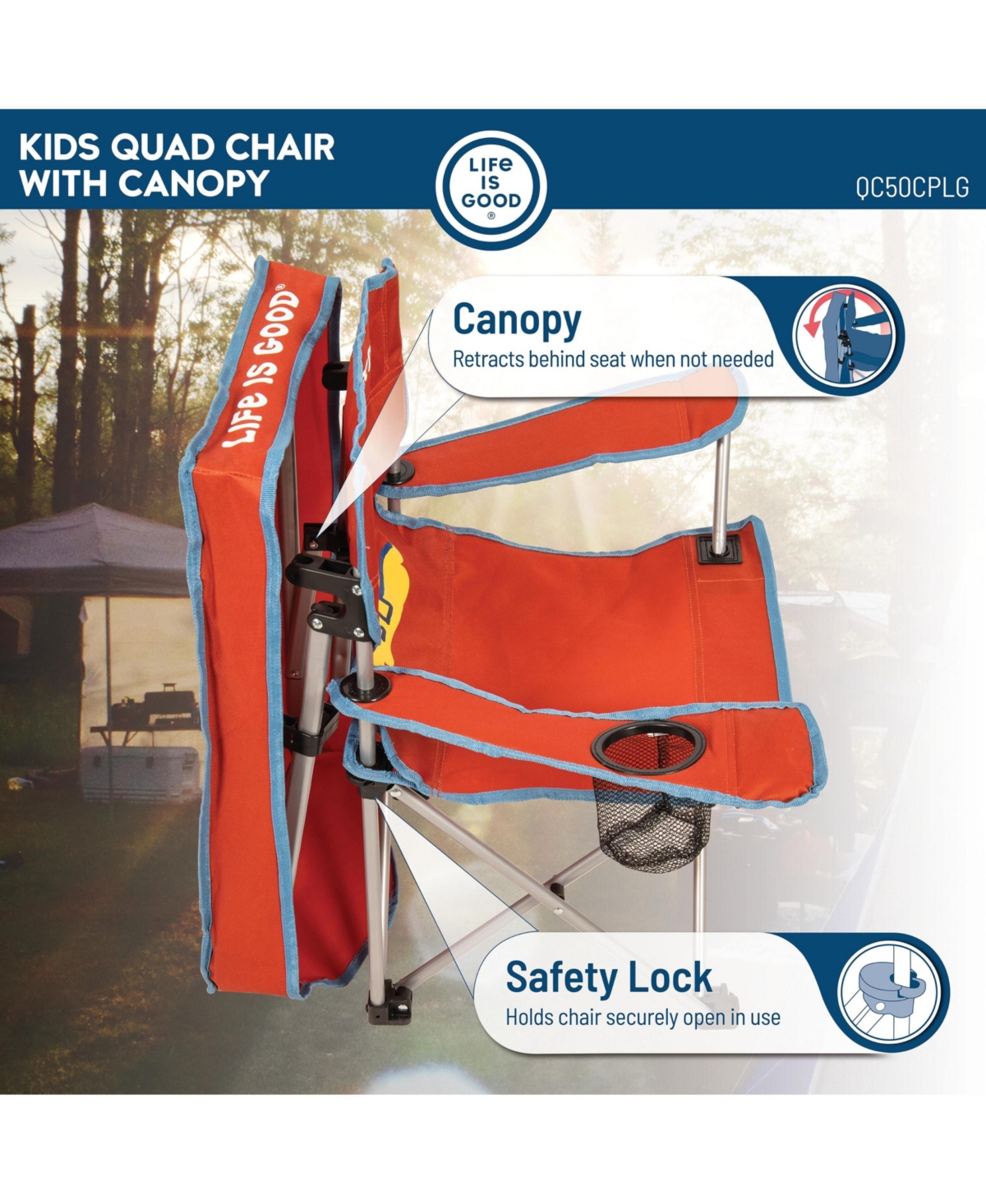 Life is Good 2 x 2 x 3 ft Orange Kids Quad Chair With Canopy