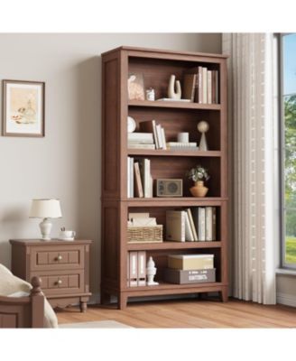 71" Farmhouse Bookcase w/Adjustable Shelves & 31.5" Width, 5 Tier Tall Bookshelf with Wooden Legs, Rustic Vintage Book Shelf