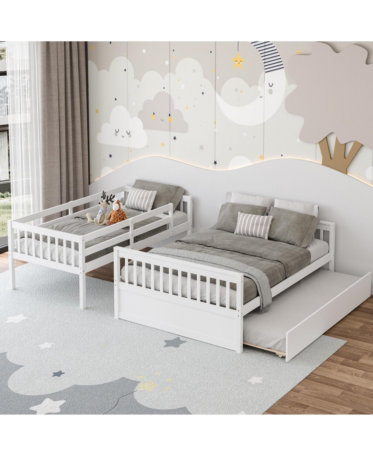 Slickblue Twin Over Full Bunk Bed with Trundle, Convertible Design - 60