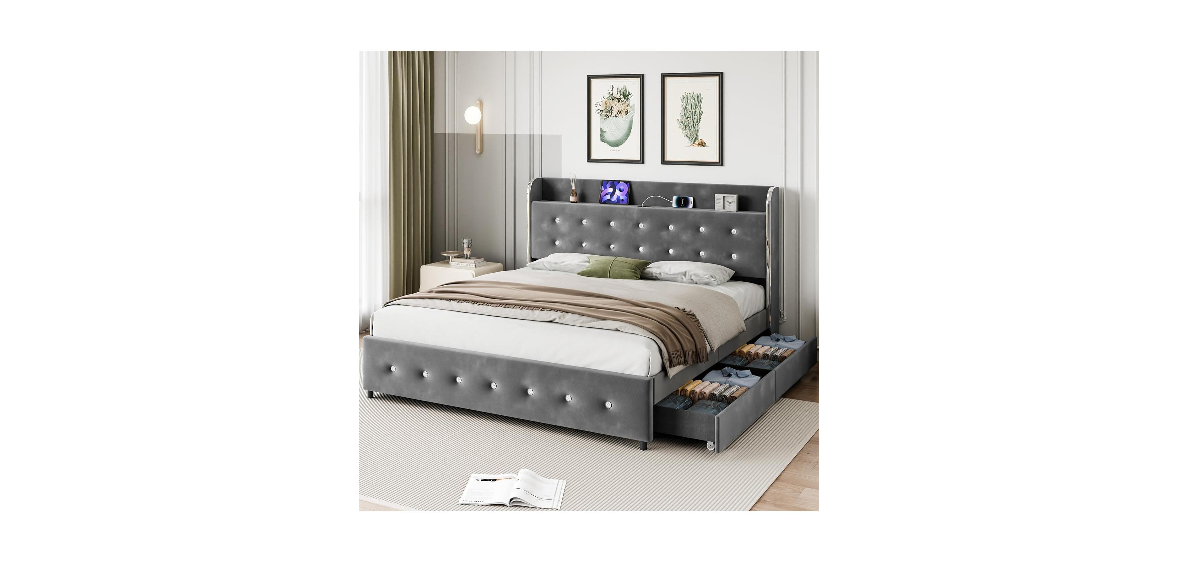 gaomon Upholstered Platform Bed Frame with Trundle & 4 Storage Drawers - Queen