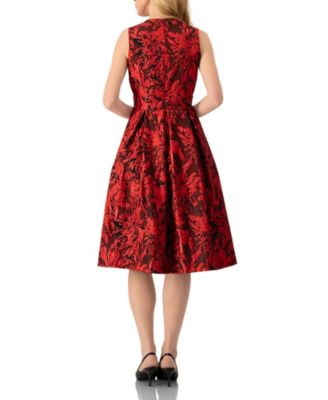 Women's Sleeveless Red and Black Jacquard Midi Dress