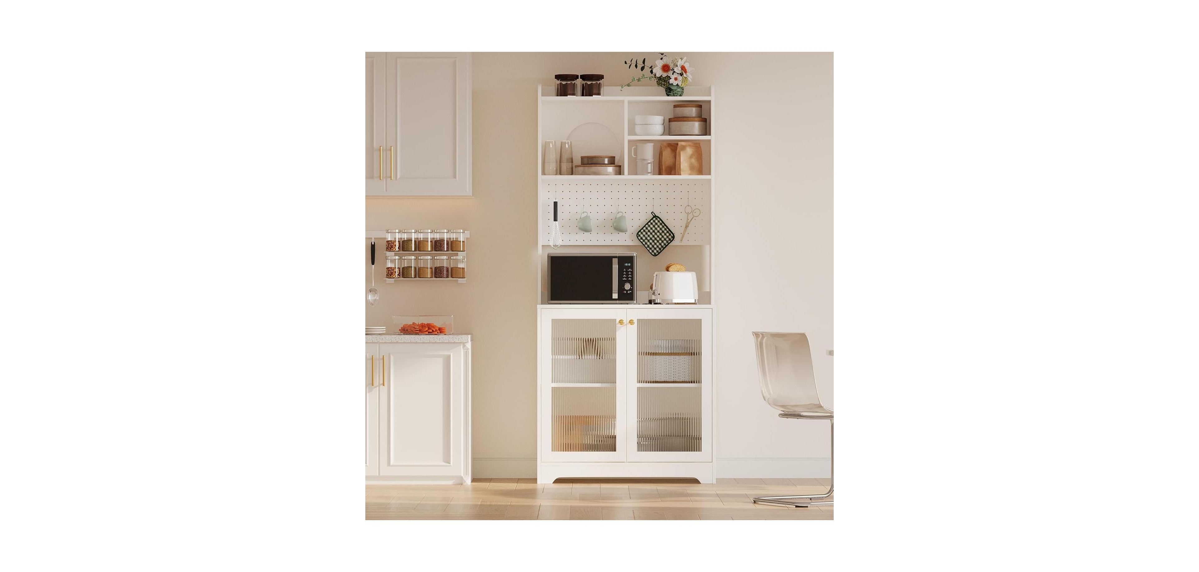 gaomon 71 in Pantry Cabinet, 6-Tier Freestanding Tall Cupboard Storage Unit with Pegboard, 2 Cabinets, Open Shelves, Glass Doors, Coffee Bar Storage