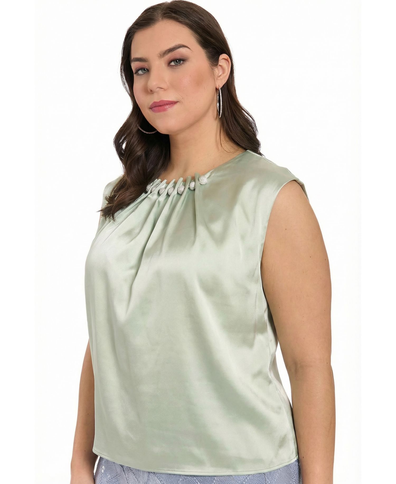Plus Tucked Beaded Neckline Sleeveless Top