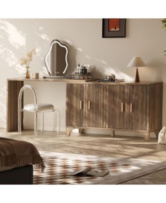 55" Mid Century Modern Fluted Buffet Cabinet with Storage 4 Door Wood Sideboard Credenza for Kitchen Living Room