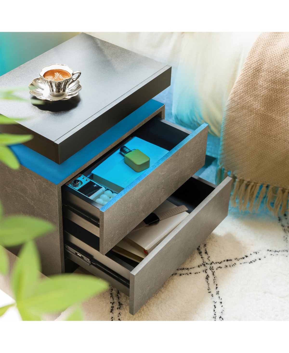 Rainsken Led Nightstand with 2 Drawers, Bedside Table Cabinet with Adjustable Color Lighting, Modern End Side Table for Bedroom