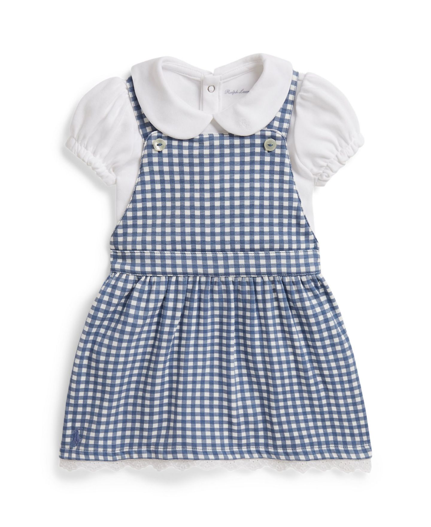 Детский комплект Polo Ralph Lauren для девочки: хлопковое боди и платье в клетку, цвет: Синий / Белый — фото 1