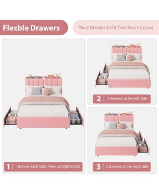 Full Size Boucle Upholstered Platform Bed with Wavy Headboard, Storage Bookcase, 2 Drawers, No Box Spring Needed