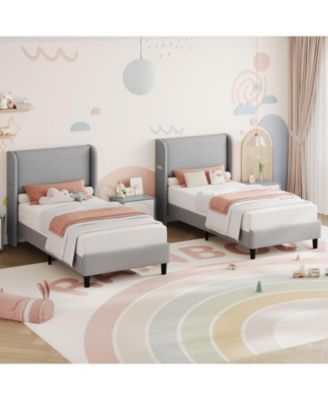 Twin Bed Frame with Wingback Headboard, Vertical Stripe Velvet Upholstery, 2 Storage Pockets, Wood Slats