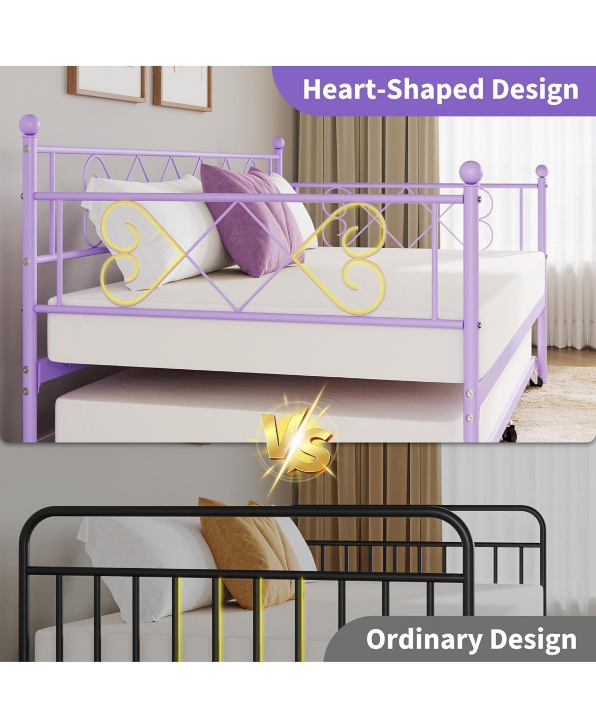 gaomon Kids Twin Daybed with Trundle, Purple, Heart Metal Headboard, Steel Slats, Easy Assembly