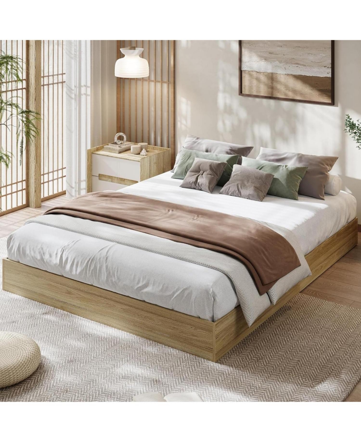 gaomon Solid Wood Platform Bed, Floor-Standing Bed Frame with Wooden Slats, Minimalist Space-Saving