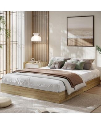 Wood Platform Bed Frame, Solid Wood, No Headboard, Floor-Standing, Sturdy Slat Support, No Box Spring Needed, Walnut Wood