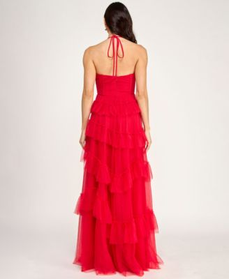 Juniors' Corset Halter Ruffle Tier Skirt Gown