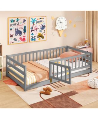Kids Twin Floor Bed with Safety Fence and Playhouse Door - 41