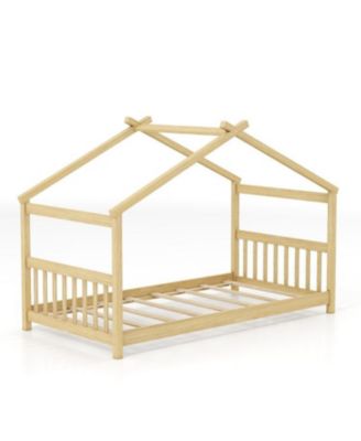 Twin House Bed with Solid Wood Frame and Roof Design - 42