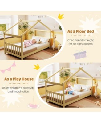 Twin House Bed with Solid Wood Frame and Roof Design - 42