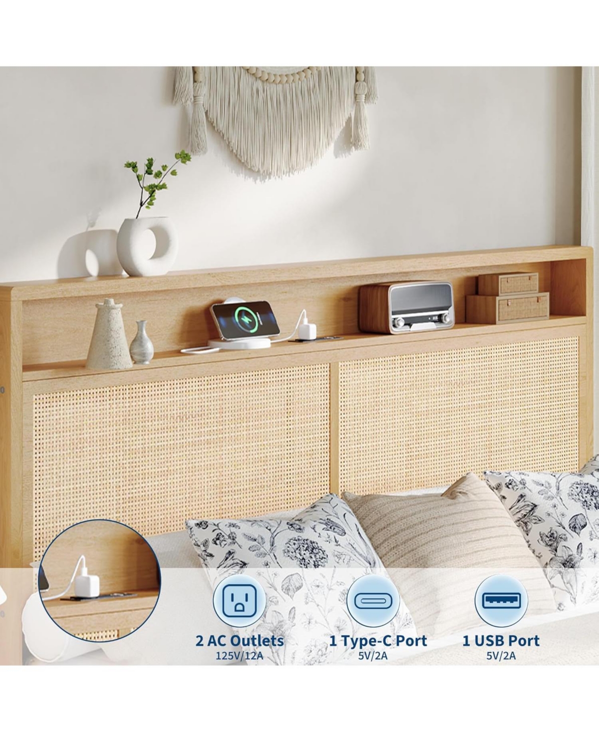 gaomon Rattan Queen Size Bed Frame with Led Lights, Boho Wood Bed, Storage Headboard, Charging Station, No Box Spring