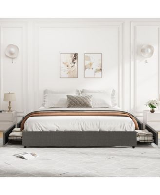 King Fabric Upholstered Platform Bed Frame with 4 Storage Drawers