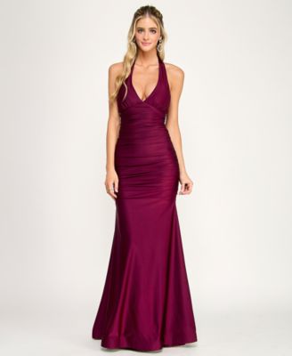 Juniors' Ruched Tie-Back Halter Gown