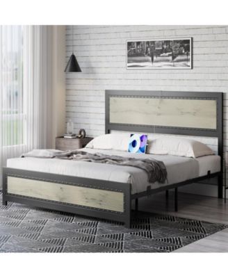 Queen Size Bed Frame, Industrial Wooden Platform Bed Frame with Rivet Headboard