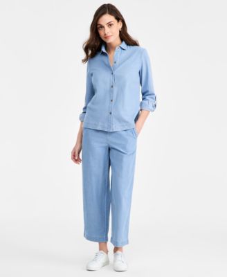 Women's Long-Sleeve Button-Front Shirt & Wide Leg Pants