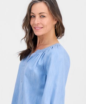 Petite Denim Trapunto-Stitch Blouse