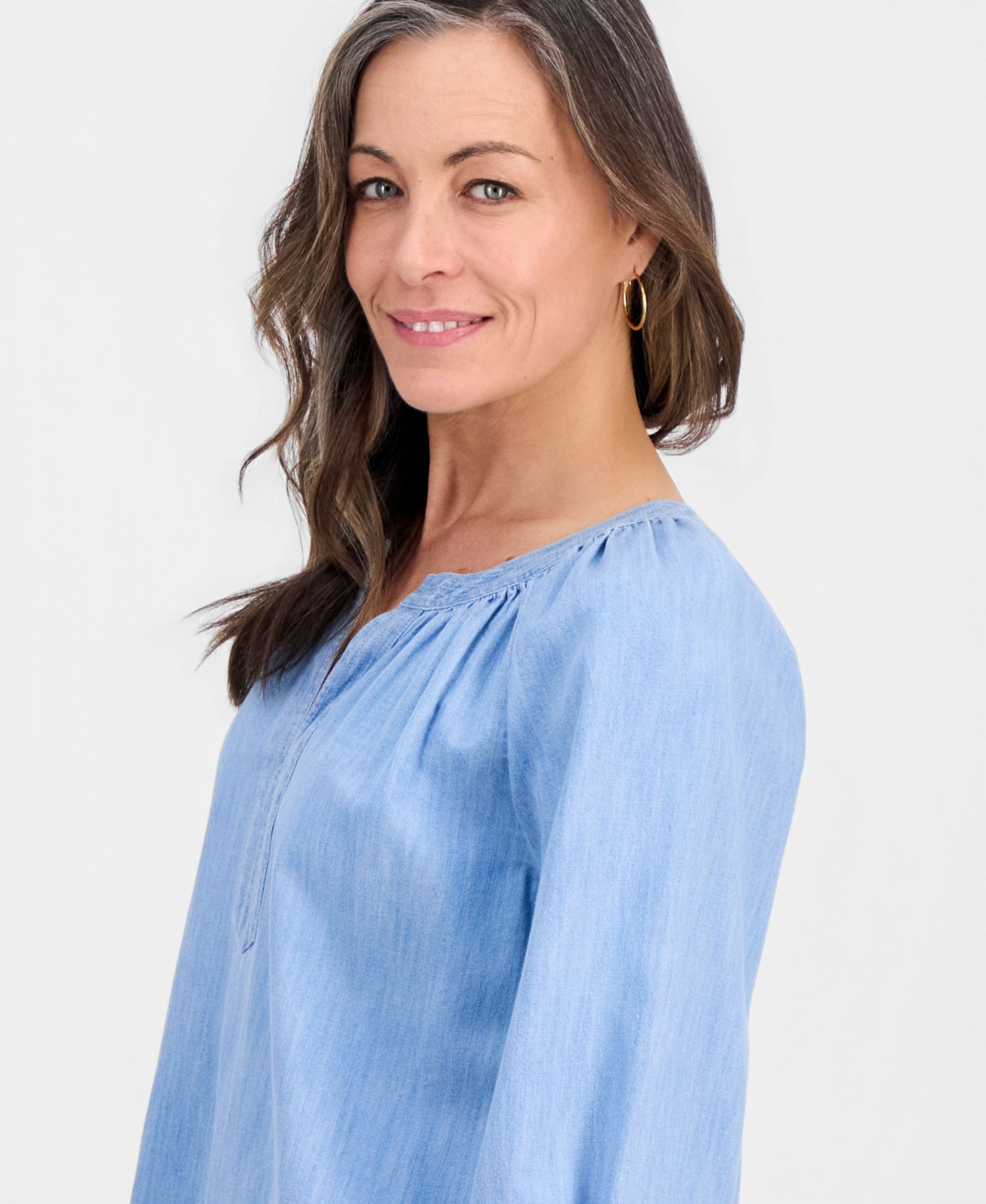 Petite Denim Trapunto-Stitch Blouse