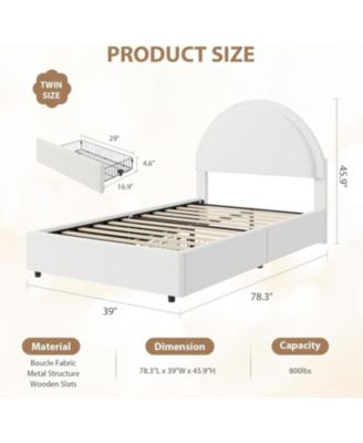 White twin upholstered boucle bed with storage drawers, round headboard, platform frame