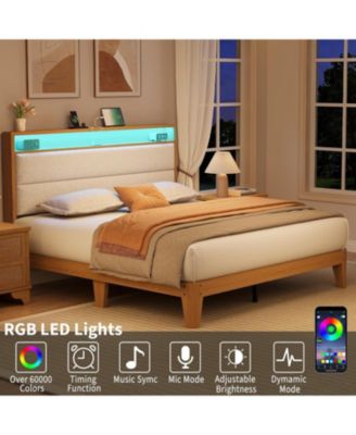 Queen white upholstered bed with LED lights and storage shelves