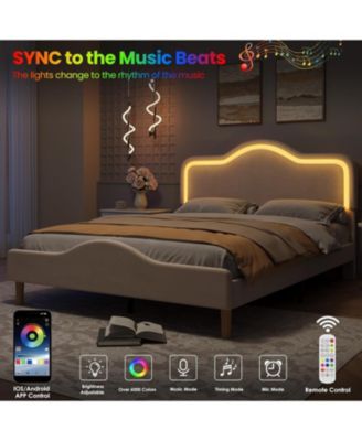 Queen Velvet Bed Frame with LED Headboard & Footboard, Princess Platform, Slats, Beige