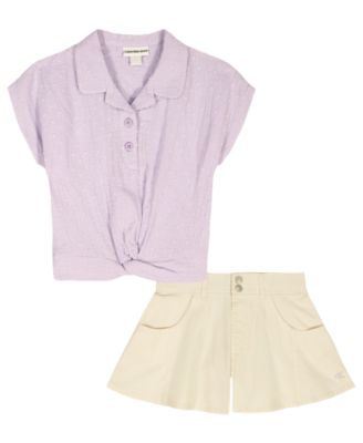 Girls' 4-6X Dotted Crinkle Gauze Knot-Front Shirt and Twill Shorts, 2-Piece Set