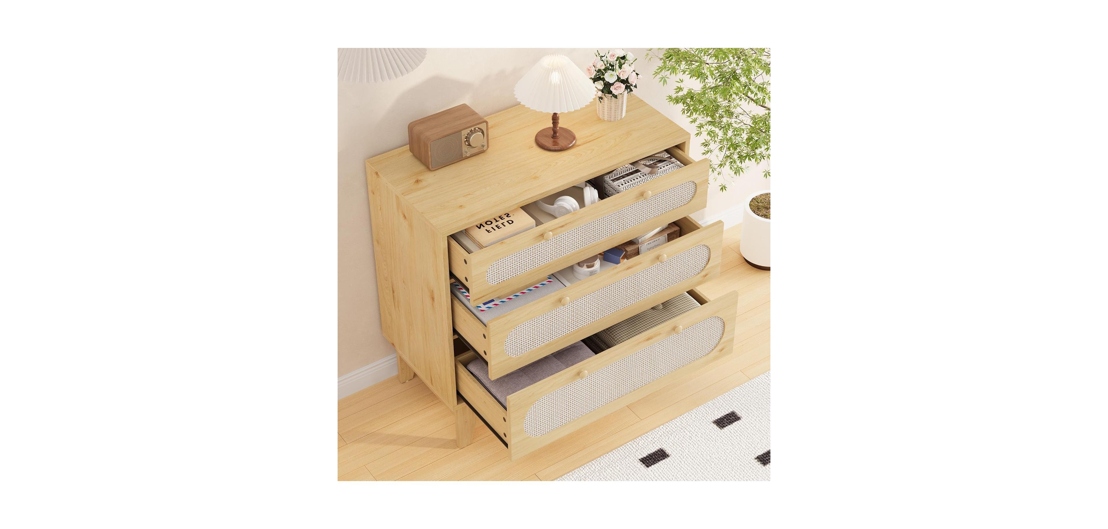 Gaomon Coffee Brown Rattan 6-Drawer Dresser, Oak Storage Cabinet for Bedroom, Entryway, Closet & Living Room