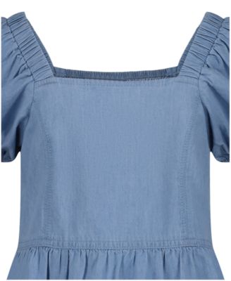 Girls' 7-16 Denim Bubble-Sleeve Dress